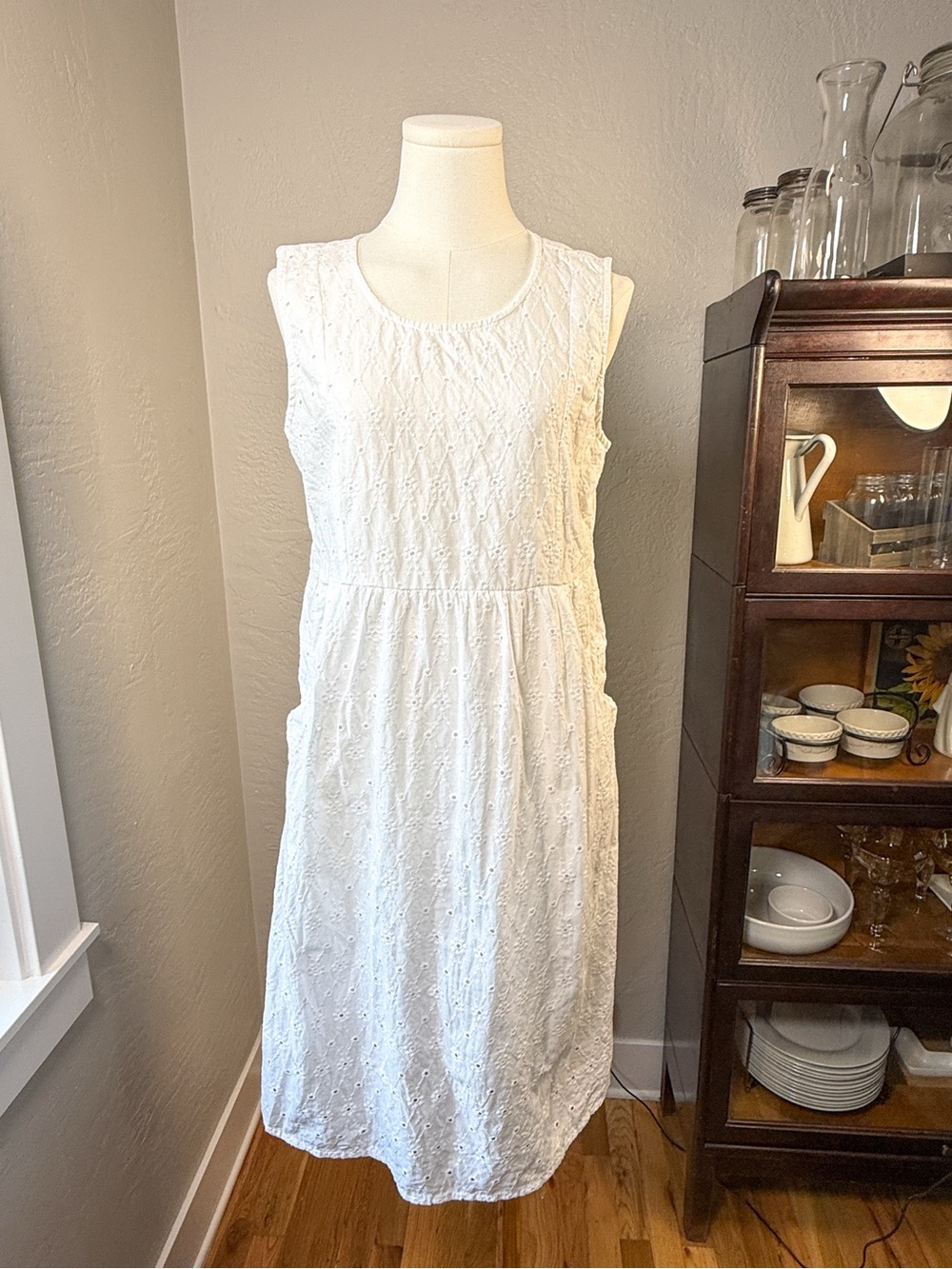 Zudio White Eyelet Cotton Midi Dress Open Back Sleeveless Size M